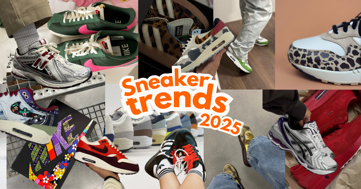 Collage van sneakers die trending zijn in 2025.